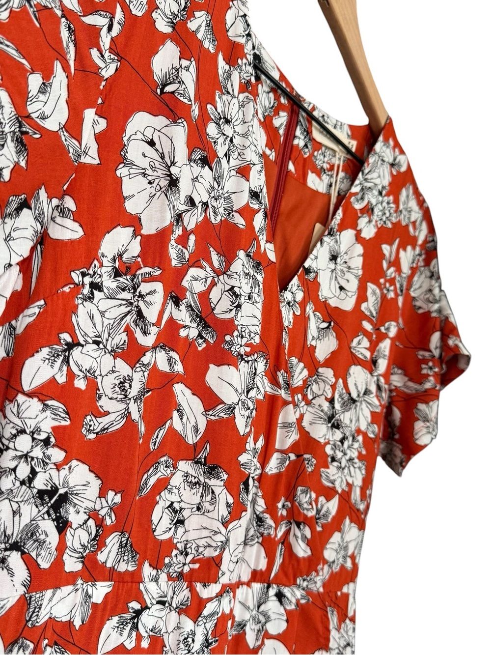 Roolee Burnt Orange w/ Black & White Floral Wrap-Style Ruffle Accent Maxi Dress - Picture 5 of 14